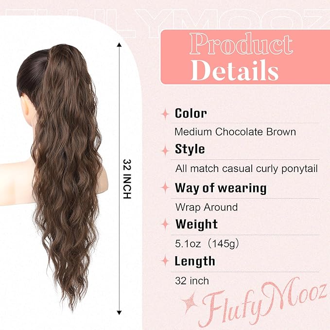 Flufymooz Ponytail Extension, Flexible Wrap Around Ponytail Hair Long Wavy Curly Hair Extensions Natural pony tail Synthetic Hairpiece for Women 32 Inch (Medium Chocolate Brown)