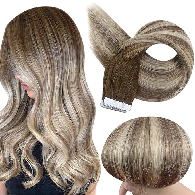 Full Shine Tape in Hair Extensions 16 Inch Tape Hair Extensions Balayage Color 3 Dark Brown Fading to 8 Ash Brown Highlight 22 Blonde Straight Real Human Hair Tape Ins 50G 20PCS Add Volume