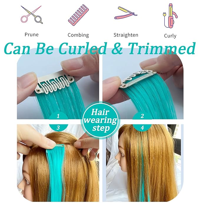 Rhyme 21'' 9PCS Princess Party Highlight Teal Hair Extensions Colored Hair Extensions Clip in/on for America Girls and Women Wig Hairpieces (Teal blue)