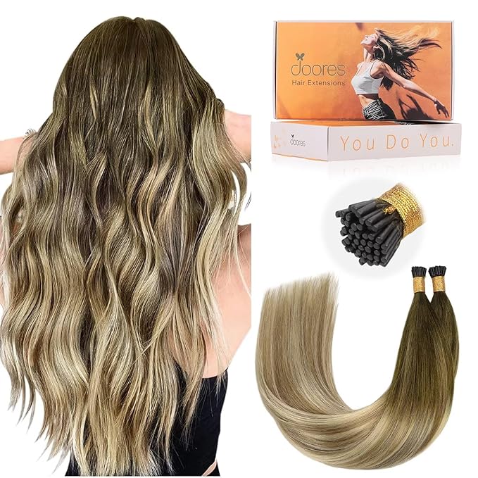 DOORES I Tip Hair Extensions Human Hair,14 Inch 100g 200s Itip Human Hair Extensions,Balayage Walnut Brown to Ash Brown and Bleach Blonde I Tip Hair Extensions