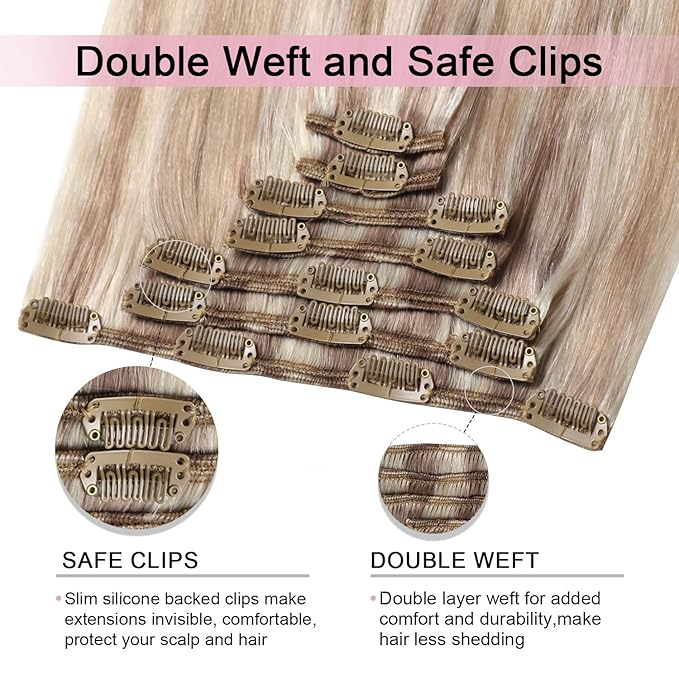 Pro2.0 Remy Clip in Extensions Real Human Hair #18/22/60 Balayage Ash Blonde to Golden Blonde and Platinum Blonde Clip in Hair Extensions Real Human Hair 18inch 120g 7pcs（#18/22/60-18inch）