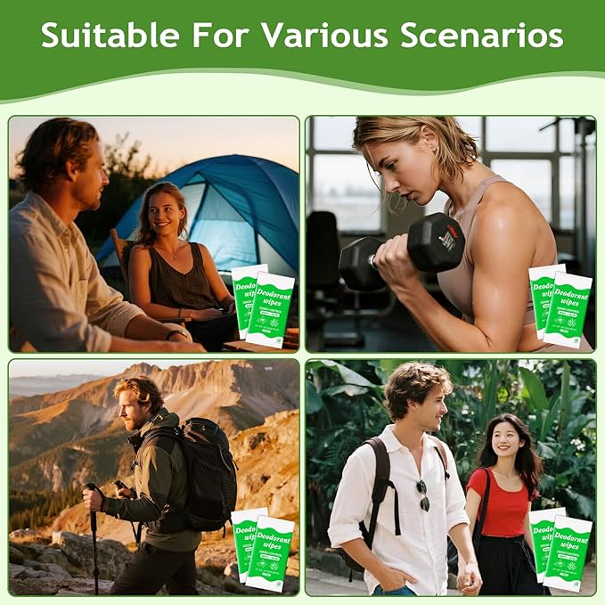 Travel Deodorant Body Shower Wipes Deodorizing Bathing Wipes, Disposable No Rinse Adults Women Men Individually Wrapped Underarm Sweat Antiperspirant Bath Wipe for Travel Camping Gym (Green, 50 Pack)