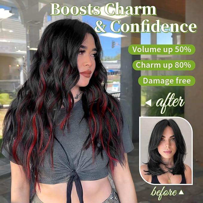 KooKaStyle Invisible Wire Hair Extensions with Transparent Headband Adjustable Size 4 Secure Clips Long Wavy Highlight Hairpiece 20 Inch Black and Red Streaks for Women