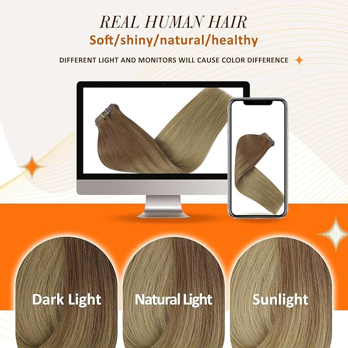 Full Shine Human Hair Clip in Extensions 12 Inch Hair Extensions Clip in Light Brown to Blonde Invisible Hair Extensions Human Hair for Short Softness 80 Grams 8 PCS