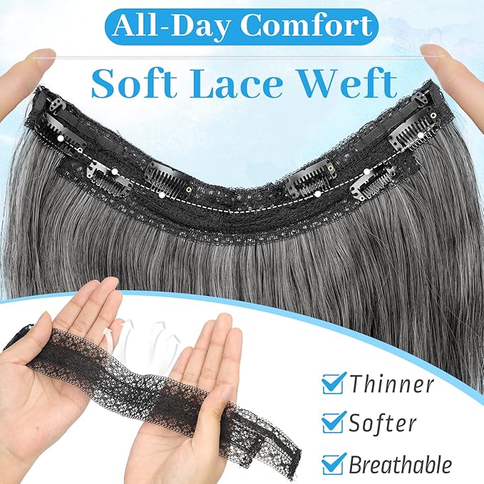 KooKaStyle Invisible Wire Hair Extensions Long Wavy Layered Synthetic Hair Extensions with Transparent Wire Adjustable Size 6 Secure Clips Grey/Sliver Mixed Hairpieces for Women 20 Inch