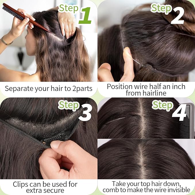KooKaStyle Invisible Wire Hair Extensions with Transparent Headband Adjustable Size 4 Secure Clips Long Wavy Synthetic Hairpiece Rich Dark Brown with Warm Tones/6# for Women(12 Inch)