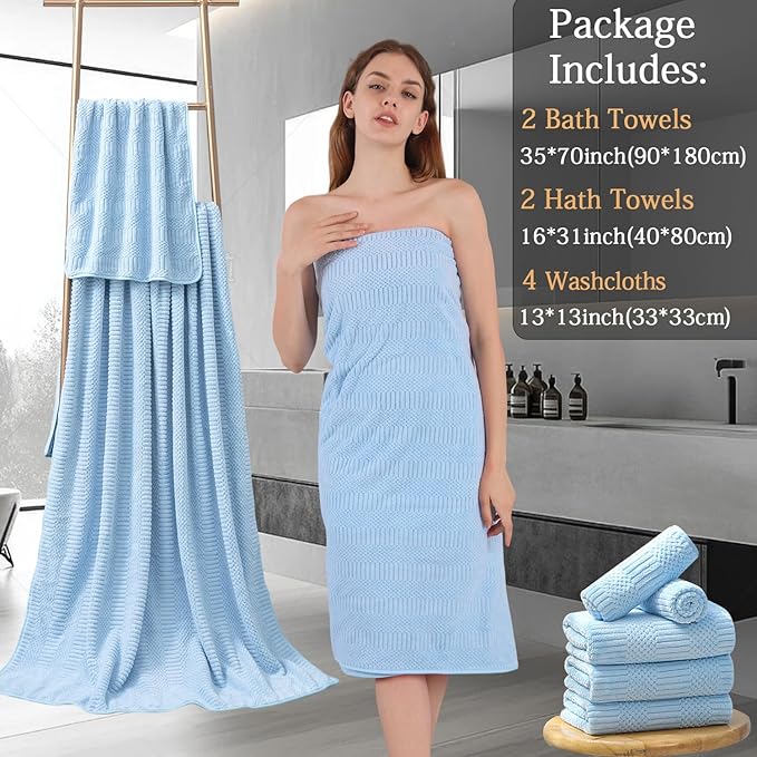 8 Piece Bath Towel Set-2 Oversized Bath Sheets(35"x70"),2 Hand Towels,4 Washcloths-Extra Large Microfiber Towel Sets,Less Lint Highly Absorbent & Quick Dry Bath Towels for Bathroom Gym Pool,Blue