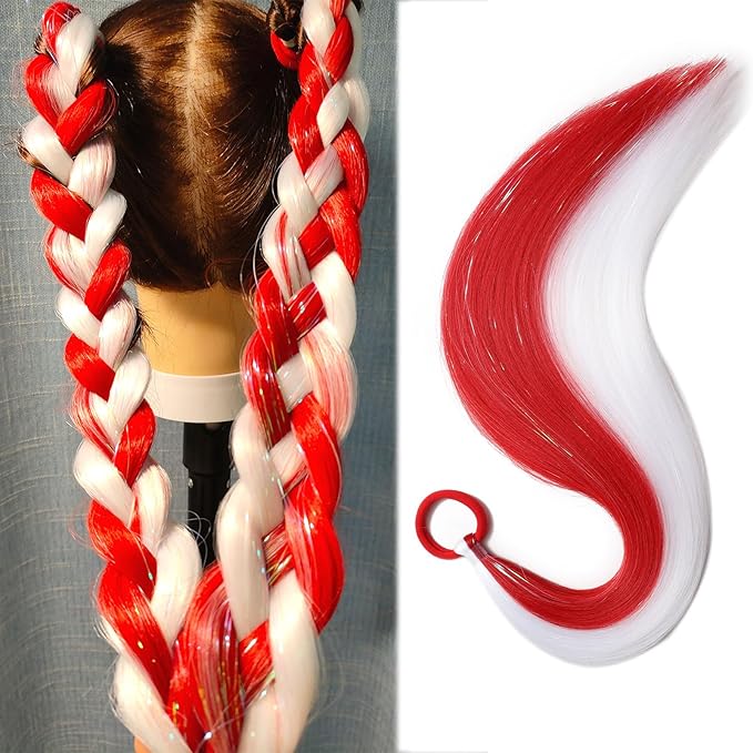White and Red Hair Extensions for Braids Ponytail Extension 2 Packs, 20 inch Crazy Hair Day Accessories for Women, DIY Festival Wacky Rave Braids for Women,Tinsel Mixed