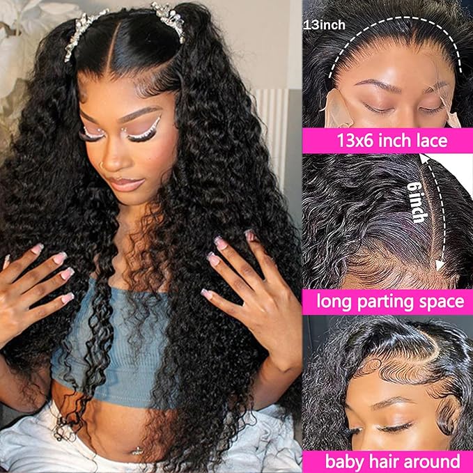 30 Inch Water Wave Lace Front Wigs Human Hair 13x6 HD Lace Frontal Wigs Human Hair Pre Plucked 200 Density Wig for Black Women Glueless Curly Hair Wig Natural Color