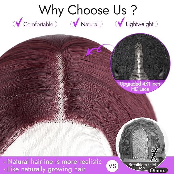 Wine Red Short Wavy Wig for Women Lace Hairline Bob Style Synthetic Heat Resistant - Natural Appearance for Everyday Hairstyle 14 Inch