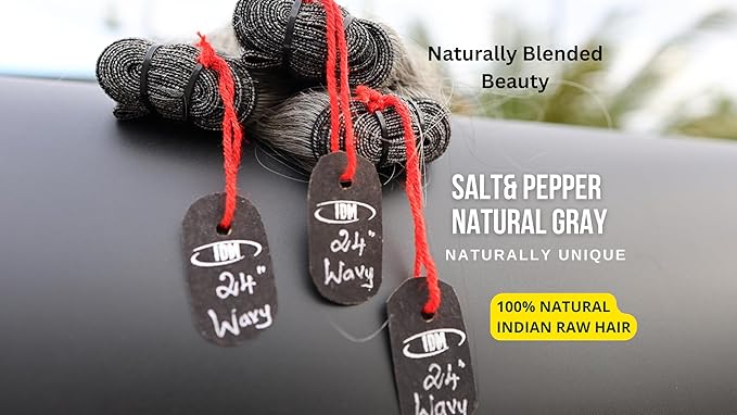 24” Wavy Salt & Pepper/Natural Gray 3 bundles. Its 100% Natural Indian Virgin Raw Hair Extensions .Natural color unprocessed and not treated with any kind of chemicals