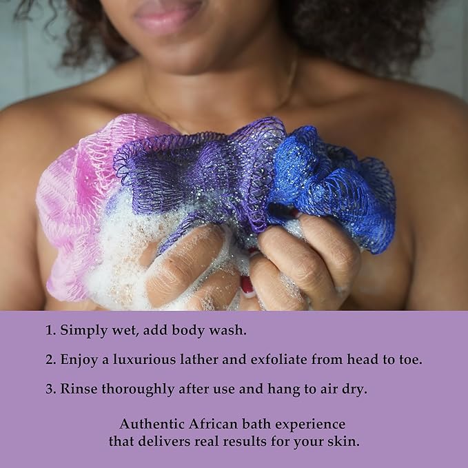 African Exfoliating Net Sponge Authentic – 2 Pieces African Bath Sponge with Knots, Quick-Drying Body Scrubber, 45 inches Stretch Exfoliating Washcloth Loofah for Women & Men (Gray+Rose Pink)