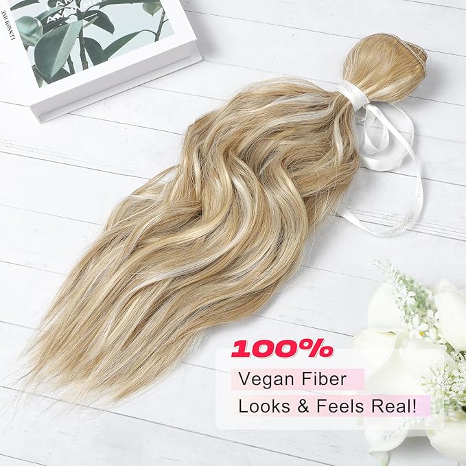 Hair Extensions, 14" Short Clip in Hair Extensions 4PCS Beach Wave Blonde Natural Soft Synthetic Hairpiece for Women - Honey Blonde with Highlights