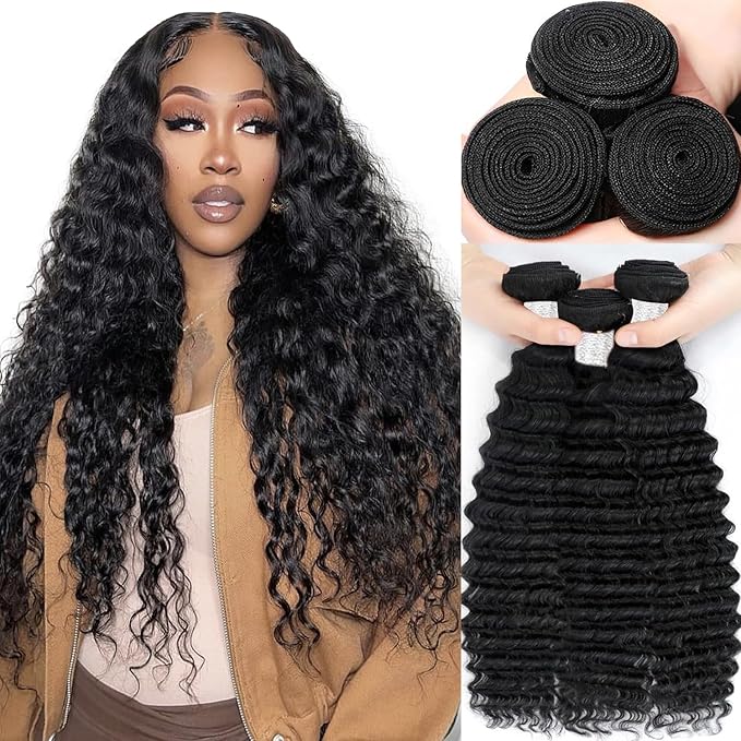 12A Human Hair Bundles 16 18 20 Inch Deep Wave Bundles Human Hair 100% Unprocessed Brazilian Virgin Hair Deep Wave 3 Bundles Human Hair Extensions for Women Natural Black