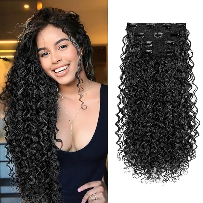 Flufymooz Clip in Hair Extensions, 4PC 100％ Pure Protein Silk Hair Extensions Long Soft Natural Hairpiece 20 Inch Curly Hair Extension for Women-Black with Little Silver