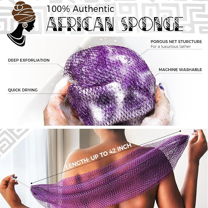 Authentic African Net Sponge with Knots - 2 Pieces Exfoliating Body Sponge Purple & Green - Back Scrubber Shower Exfoliator for Women Personal Care - Shower Scrub for Body Wash Bathing Accessories