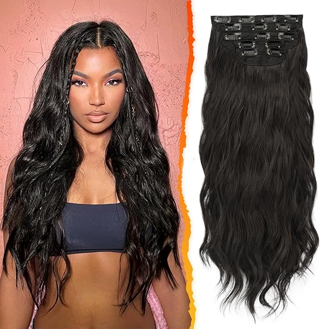 BARSDAR 18 Inch Wavy Clip in Hair Extensions – 5PCS Thick Soft Synthetic Hairpieces – Black Brown Full Head Clip in Hair Extensions for Women – Long Voluminous Easy Wear for Daily Party Halloween