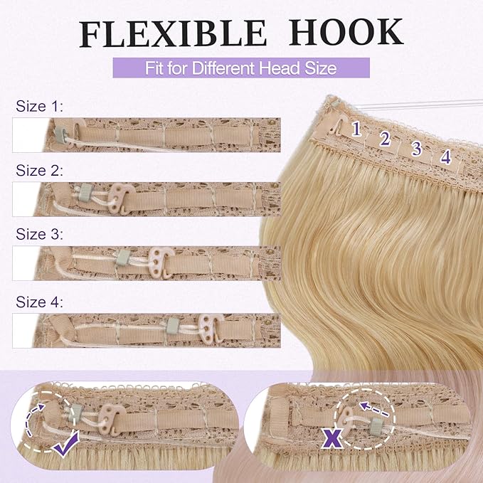 Halo Hair Extensions Real Human Hair,Halo Hair Extension 100% Human Hair,Wire Hair Extensions,Wavy 60 Platinum Blonde 65g/16inch