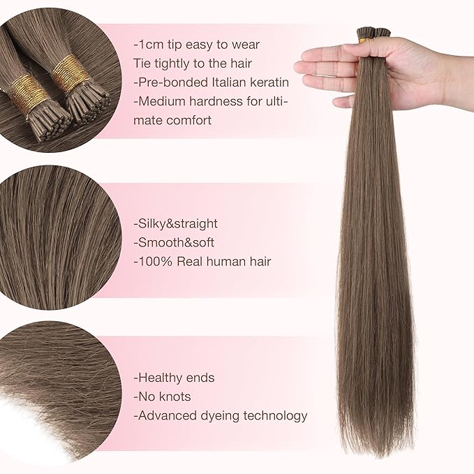 GOO GOO I Tip Hair Extensions, Real Human Hair, 18inch 100g 100S, Cold Fusion, Invisible Remy, 5 Light Ash Brown