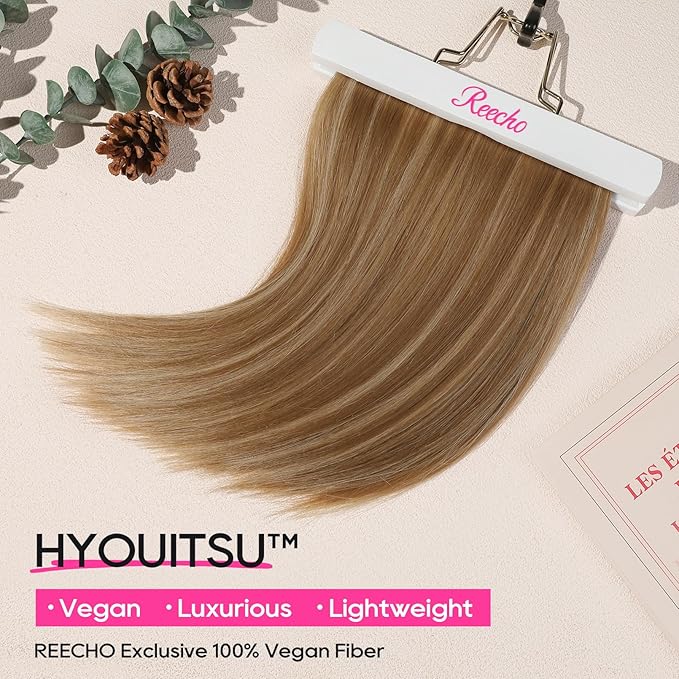 REECHO 12" Invisible Wire Hair Extensions with Thinner Softer Lace Weft Adjustable Size Removable Secure Clips in Short Straight Secret Hairpiece for Women - Medium Brown with Blonde Highlights