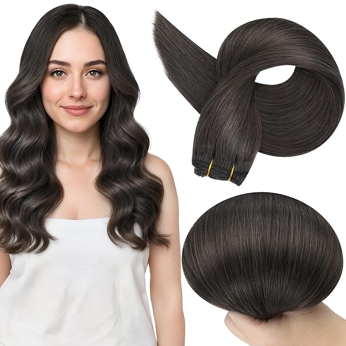 Full Shine Weft Hair Extensions Human Hair Sew In Extensions Real Human Hair Color #1C Mocha Brown Invisible Weft Extensions For Women 18 Inch 105G