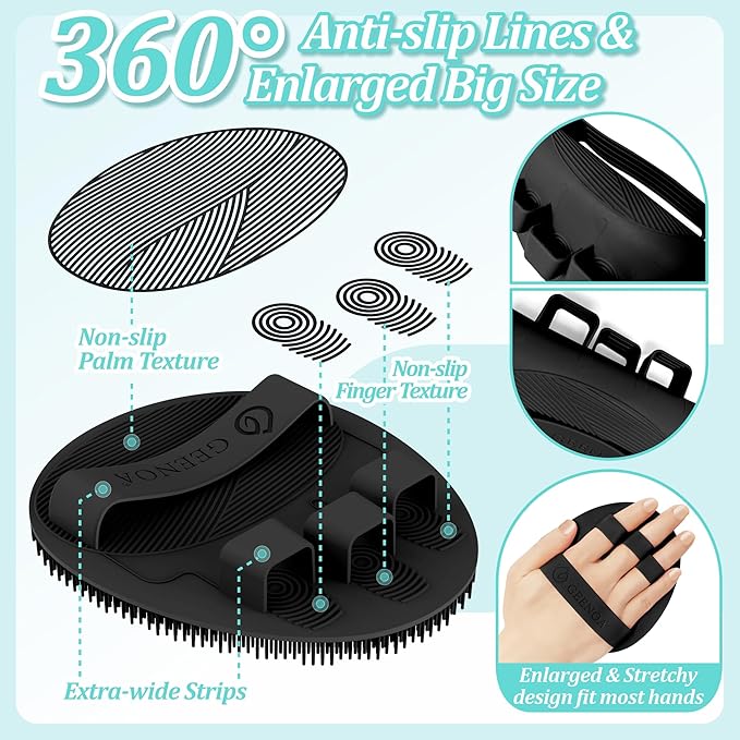 Silicone Back Scrubber & Soft Bath Glove 2PCS, 16''- 21''Extendable Back Scrubber with Dual-Side Large Head, 360° Anti-Slip Hand-fit Silicone Body Scrubber for Rich Foaming Deep Cleaning(Black)