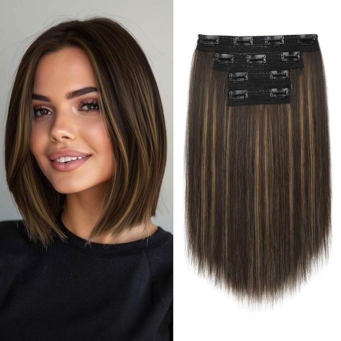 Hair Extensions, 10" Short Clip in Hair Extensions 4PCS Straight Natural Soft Synthetic Hairpiece for Women- Golden Blonde with Highlights
