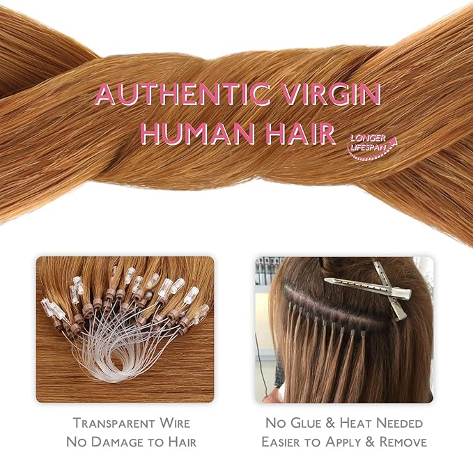 WENNALIFE Microlink Hair Extensions Human Hair, 50g 50s 14 Inch Auburn Ginger Remy Hair Microbead Micro Link Microloop Microring Invisible Straight Natural Fusion Installation