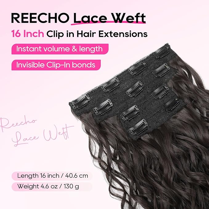 REECHO Curly Hair Extensions, 4PCS 16 inch Clip in Hair Extensions Lace Weft Short Curly Hair Extension Clip Ins Invisible Natural Hairpieces for Women, Off Black