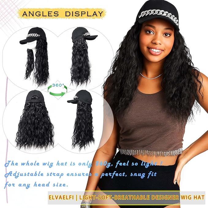 18-Inch Long Black Wig Hat, Synthetic Wavy Curly Wigs, Baseball Cap with Hair Extensions for Women