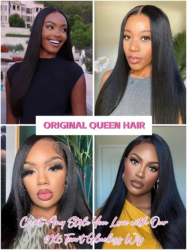 ORIGINAL QUEEN Straight Wear Go Glueless Wigs Human Hair Upgrade 9x6 T-Part Pre Cut Lace Straight Wig Pre-Plucked Flip Over Beginner Friendly Wear Go Drawstring Wig 180% Density 28 Inch