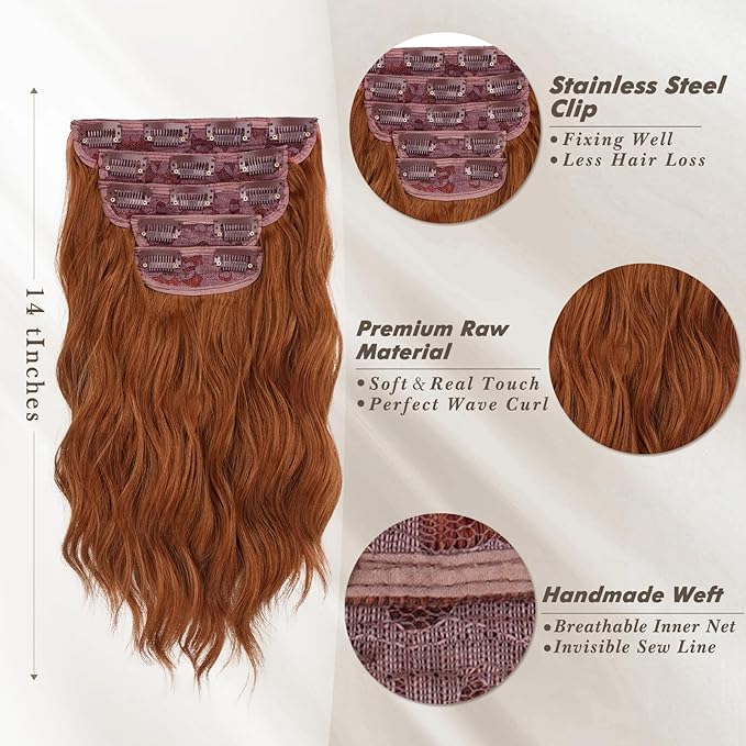 BARSDAR Short Wavy Clip in Hair Extensions - 14 Inch Copper Red Hair Extensions Clip in for Women - 5PCs Thick Soft Synthetic Loose Wave Clip in Copper Hairpieces – Copper Red