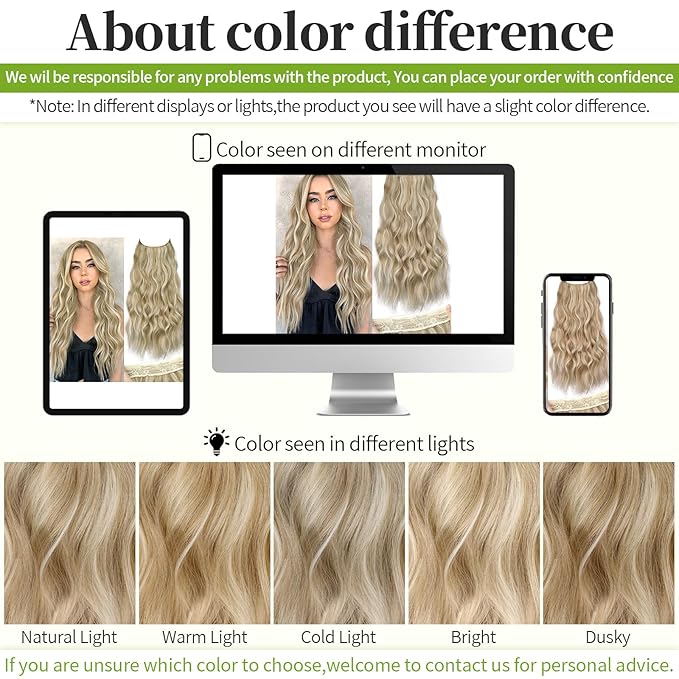KooKaStyle Invisible Wire Hair Extensions with Transparent Wire Headband Adjustable Size 4 Secure Clips Long Wavy Hairpiece for Women(Beige Blonde mix Lvory Blonde Highlights 24inch)