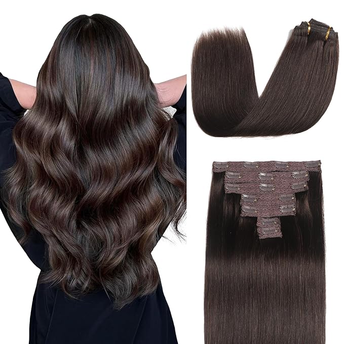 Sisily Clip in Hair Extensions Real Human Hair, Premium Human Hair Clip in Extensions Dark Brown, Soft Straight Hair Extensions Real Human Hair Clip ins 7PCS Double Weft（18 Inch #2）