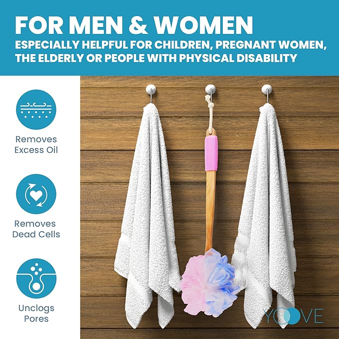 Yoove Loofah Back Scrubber w/Bamboo Charcoal Fiber Infused Bath Sponge, Wooden Handle, Luffa Pouf, Sponge Stick & Hanging Hook for Men & Women, Pink Loofah w/Handle, Loofa, Lufa Body Scrubber Stick