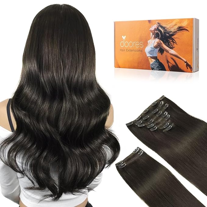 DOORES Hair Extensions Clip in Human Hair, Mocha Brown 14 Inch 150g 9pcs, Hair Extensions Clip in Human Hair Remy Clip in Human Hair Extensions Real Straight Natural Thick Hair Extensions