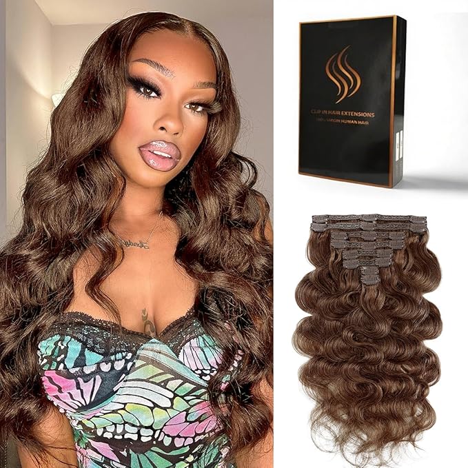 Clip in Hair Extensions Real Human Hair Body Wave 4 Chocolate Brown Clip in 100% Brazilian Remy Human Hair Extensions 8pcs Per Set with 18 Clips Double Weft 20 Inch 105g/3.6oz