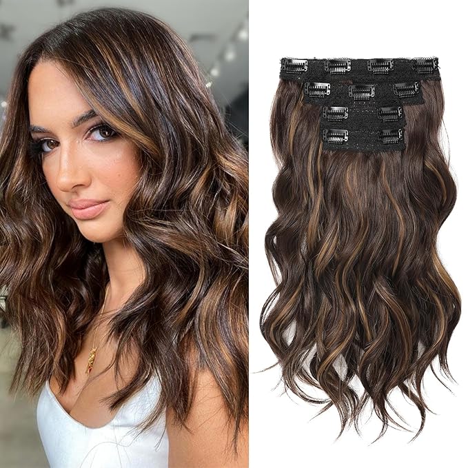REECHO Clip in Hair Extensions - 4PCS 14" Short Beach Wavy Hairpieces with Invisible Lace Weft - Deep Brown with Highlights