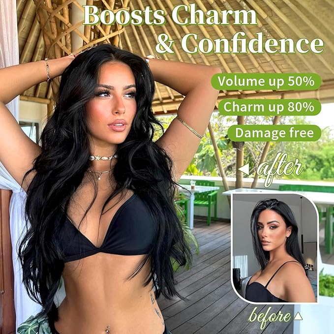 KooKaStyle Invisible Wire Hair Extensions with Transparent Headband Adjustable Size 4 Secure Clips Black Long Wavy Hairpiece 20 Inch for Women