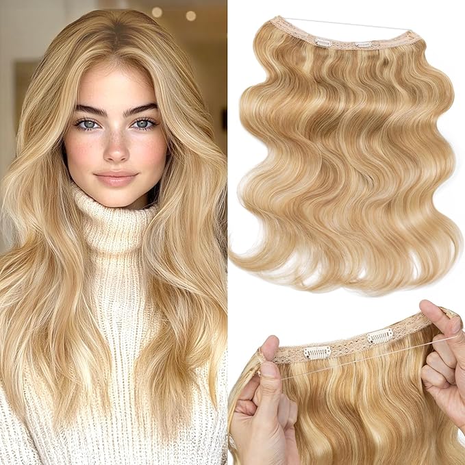Halo Hair Extensions Real Human Hair,Halo Hair Extension 100% Human Hair,Wire Hair Extensions,Wavy 18P613 Gold Blonde Mixed Bleach Blonde 70g/20inch