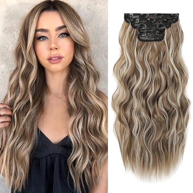 REECHO Hair Extensions, 4PCS Clip in Hair Extensions HE001 Natural Soft Synthetic Hairpieces for Women (20 Inch-200 Gram (Pack of 4), Ash Brown with Platium Highlights)