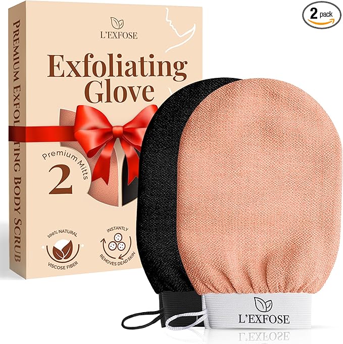 L'Exfose Kessa Hammam Deep Exfoliating Glove 2pc - Korean Exfoliating Mitt for Shower Ideal for Dead Skin Remover, Keratosis Pilaris & Self-Tanning to Improve Skin Tone Made with 100% Natural Viscose