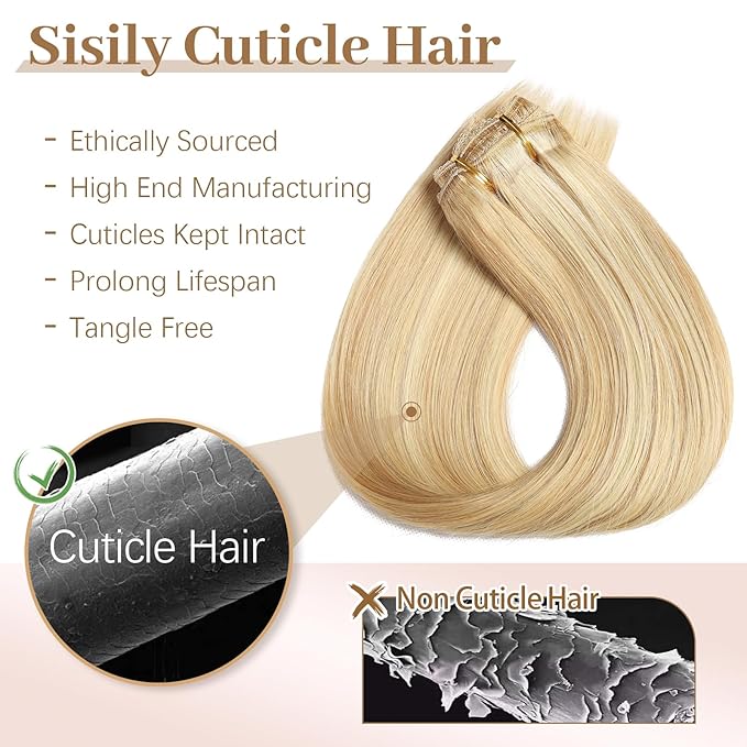 Sisily Clip in Hair Extensions Real Human Hair, 16 inch 70g, Dirty Blonde to Bleach Blonde Highlight, Remy Human Hair Clip in Extensions Soft Straight 7pcs Per Set with 16 Clips Double Weft