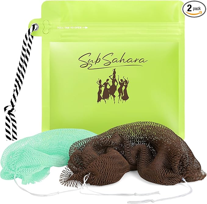 SubSahara African Net Sponge Authentic - 2 Pieces Exfoliating Scrubber for All Skin Types, Ideal for Face & Body Daily Use, Durable, Gentle Exfoliation (Green & Brown)