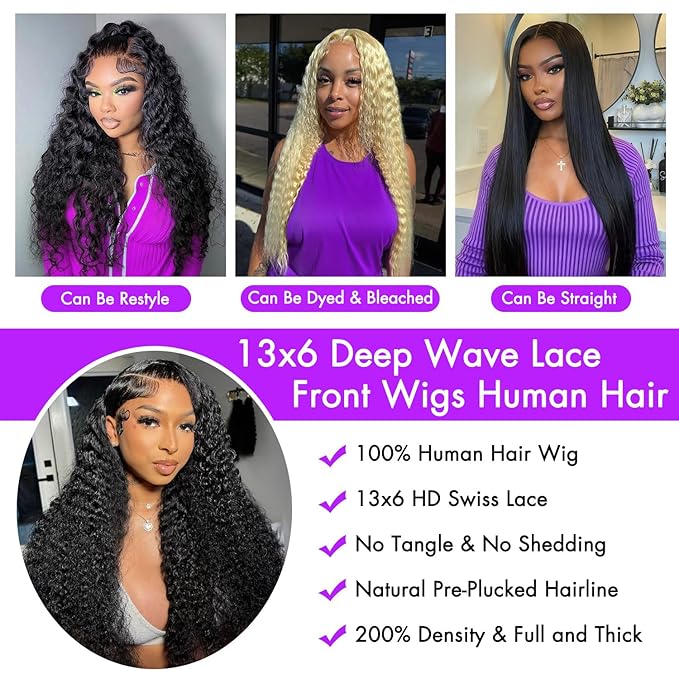 34 Inch Deep Wave Lace Front Wigs Human Hair 13x6 HD Lace Front Wigs Human Hair Pre Plucked 200 Density Glueless Deep Wave Wig Natural Color Deep Curly Wig for Women