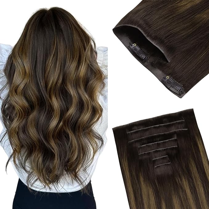 GOO GOO Invisi Edge Clip in Hair Extensions 16inch 130g 7Pcs Injected Seamless PU Clip in Hair Extensions, Virgin Real Human Hair, 2/6/2 Balayage Dark Brown to Chestnut Brown