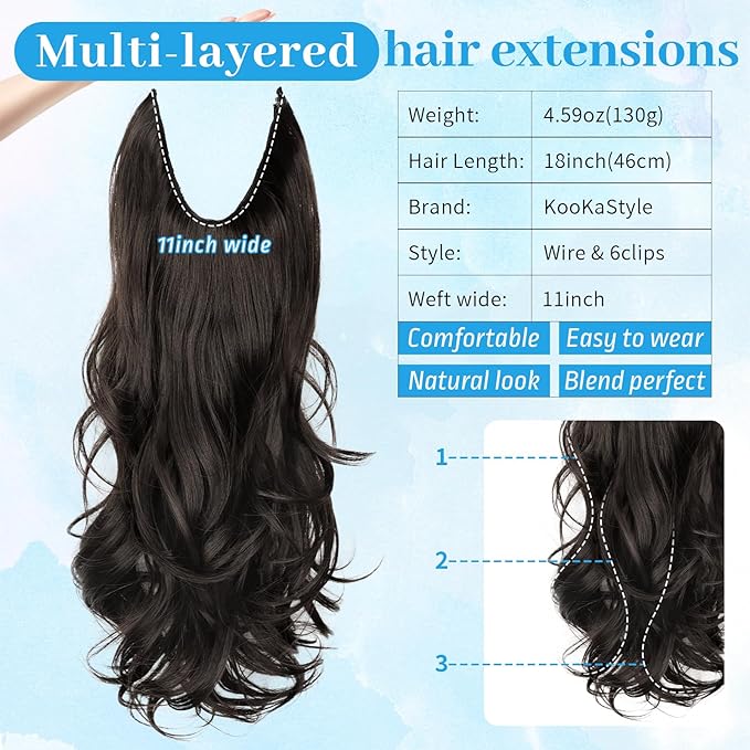 KooKaStyle Invisible Wire Hair Extensions 18"Long Wavy Layered Synthetic Clip in Hair Extensions with Transparent Wire Adjustable Size 6 Secure Clips Dark Brown Thick Hairpieces for Women 18Inch