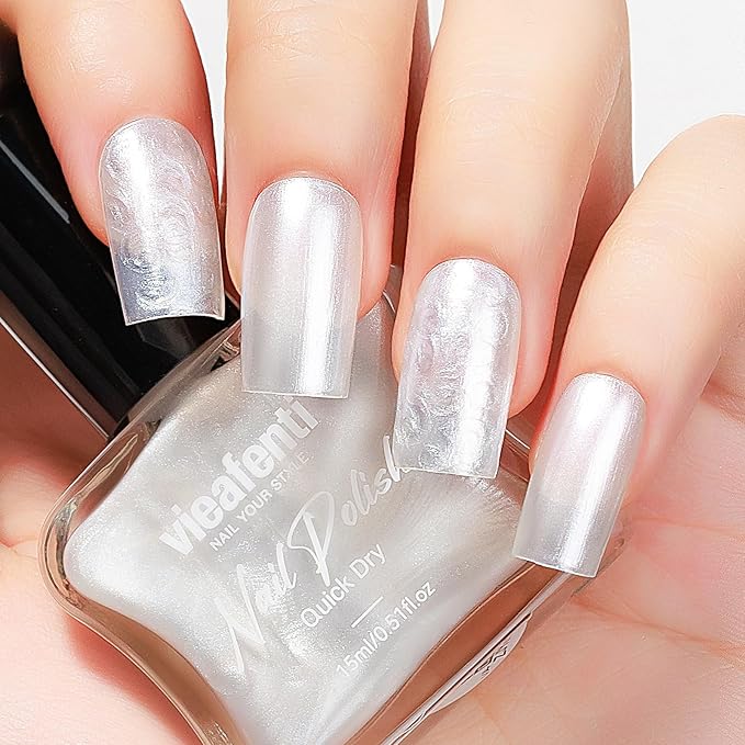 Pearl White Iridescent Nail Polish 15ml - Aurora Mermaid & Unicorn Glossy, Quick Dry Air Dry Long Lasting, Oil-Based Vegan Nail Art Polish - DIY at Home