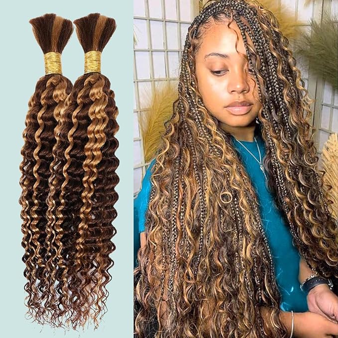 24 Inch Human Braiding Hair 100g Deep Wave Bulk Human Hair for Braiding Brazilian Virgin Human Hair Bundles Wet and Wavy Bundles No Weft Curly Human Hair Extensions for Boho Braids P4/27