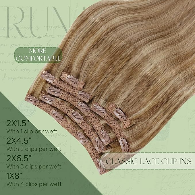 RUNATURE Real Hair Extensions Clip in Human Hair, 24 Inch Clip in Hair Extensions Real Human Hair, Long Remy Natural Hair for Women Easy Styling 135g 7pcs #10P16 Dark Blonde HIghlight Caramel Blonde